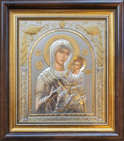 Луксозна сребърна икона Света Богородица Гиатриса Лечителка с позлата и ангели