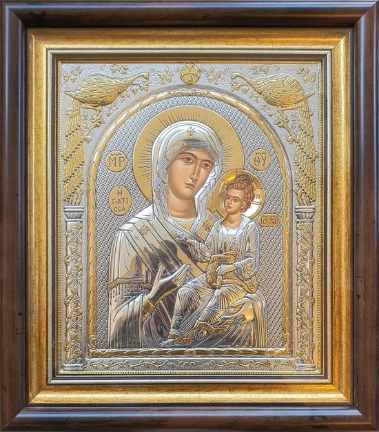 Луксозна сребърна икона Света Богородица Гиатриса Лечителка с позлата и ангели