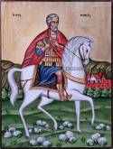 Ръчно рисувана икона Свети Мина на бял кон със златен фон.