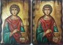Ръчно рисувана икона на Свети Пантелеймон, изработена в автентичен православен стил върху масивна дървена плоскост.