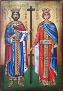 Ръчно рисувана икона на Свети Константин и Света Елена върху състарена дървена дъска.