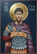Ръчно рисувана икона на Свети Теодор Тирон с войнско снаряжение и копие.