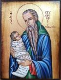 Ръчно рисувана икона на Свети Стилиян с младенец и свитък.