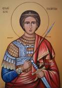Ръчно рисувана икона на Свети Георги Победоносец с копие и меч.