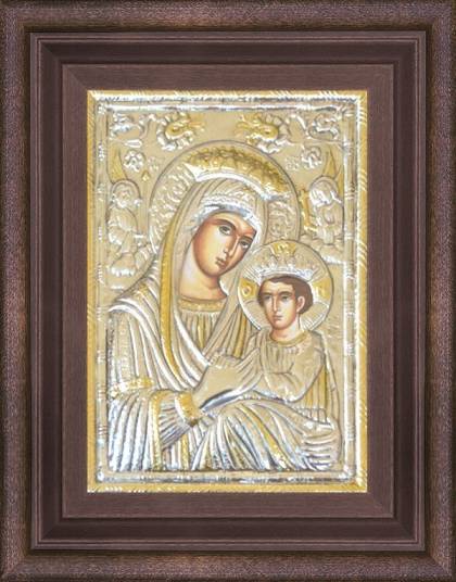 Сребърна икона на Богородица Страстна с корони, архангели и позлата