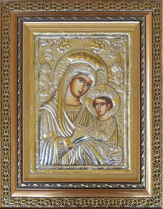 Сребърна икона на Света Богородица Страстна с корони и позлата