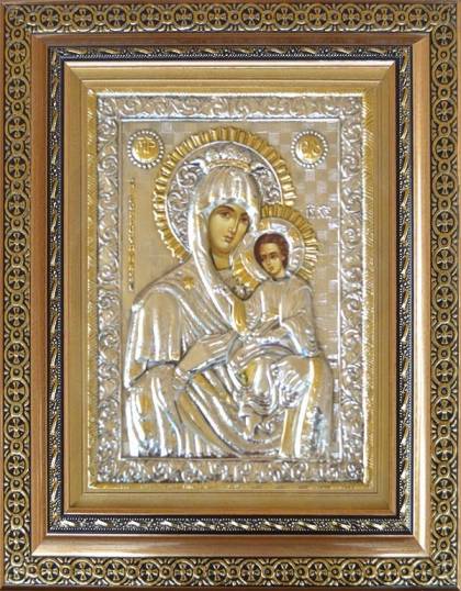 Луксозна сребърна икона Света Богородица Скоропослушница в богата златиста орнаментирана рамка