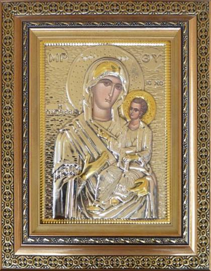 Луксозна сребърна икона Света Богородица Гиатриса с гладък обков и богата златиста рамка